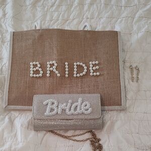 Bride Pearl-Embellished Tan and Silver Bag And Earring Set